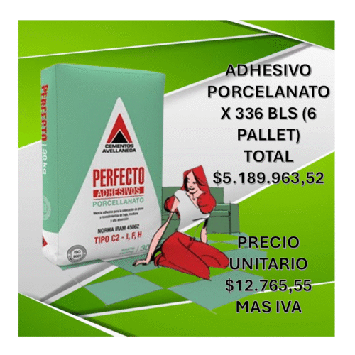 ¡Oportunidad mayorista! 6 pallets de adhesivo PERFECTO PORCELANATO Cementos Avellaneda a precio de fábrica